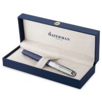 Waterman Undtagelse Fountain Pen | Metal & blå lak med palladiumkant og ætset hætte | 18K guld fin nib | Gaveæske